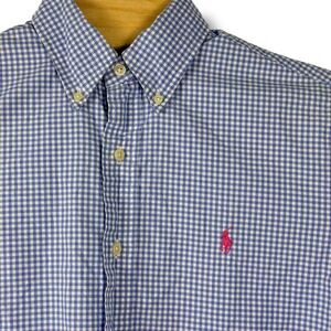 Ralph Lauren Button Down Mens Small Blue White Gingham Short Sleeve Pink Pony